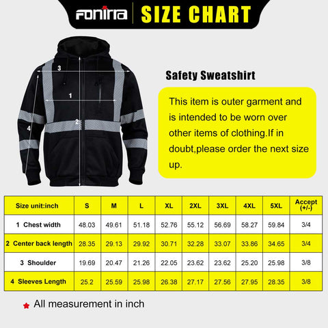 hi vis sweatshirt size chart