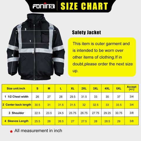 winter hi vis work jacket size chart