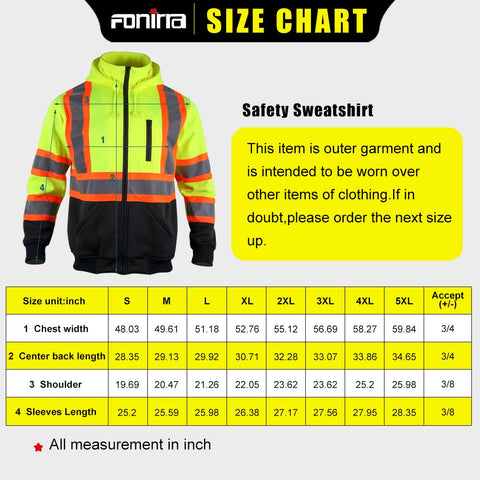 hi vis sweatshirt size chart