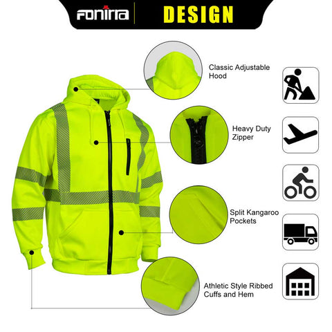 yellow hi vis sweatshirt with hood,zipper,pocket