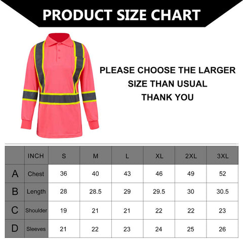 HI VIS POLO SHIRTS SIZE CHARTS