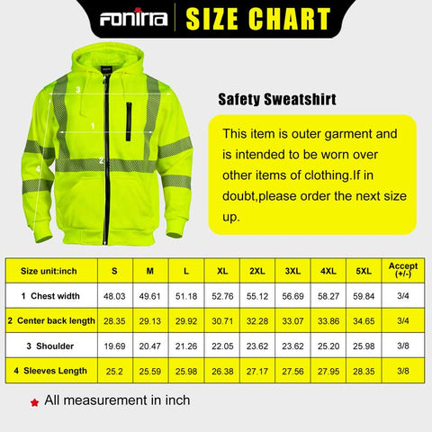 YELLOW HI VIS hoodie size CHART