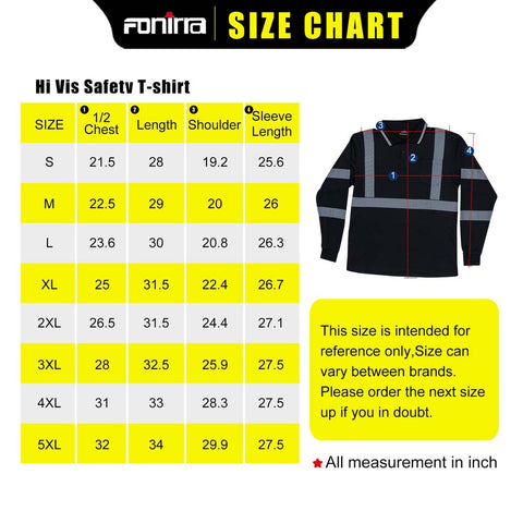 size chart long sleeve safety shirts