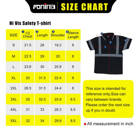 hi vis polo shirts size charts