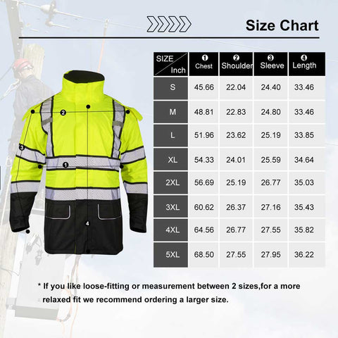 winter high visibility rain jacket size chart