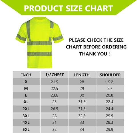 hi vis shirts size charts