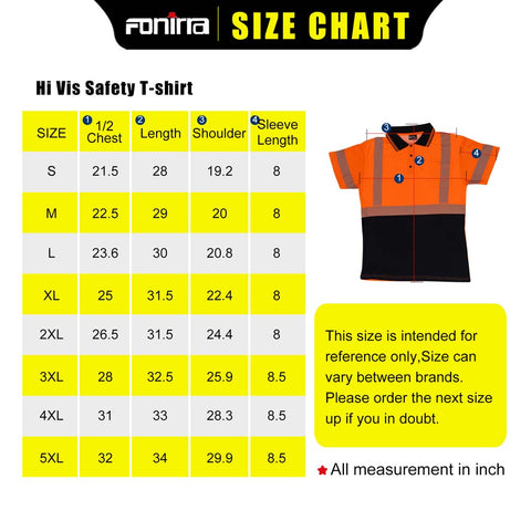 size chart hi vis shirts